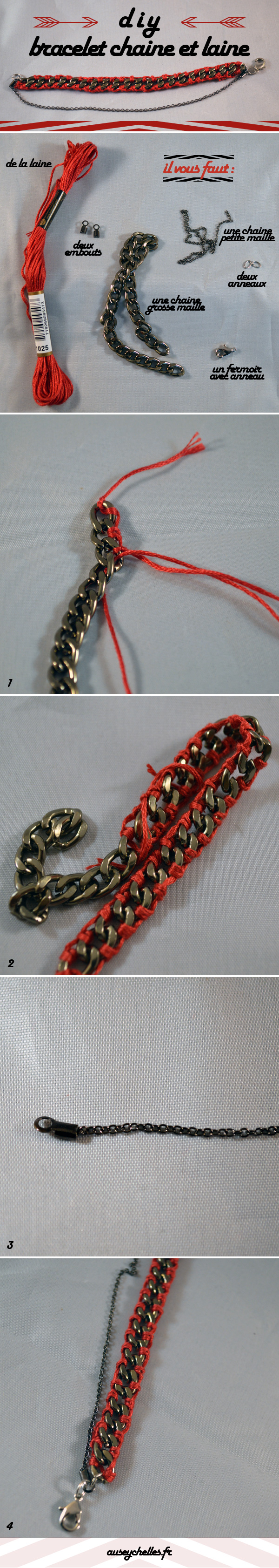 tutoriel bracelet chaine et laine rouge